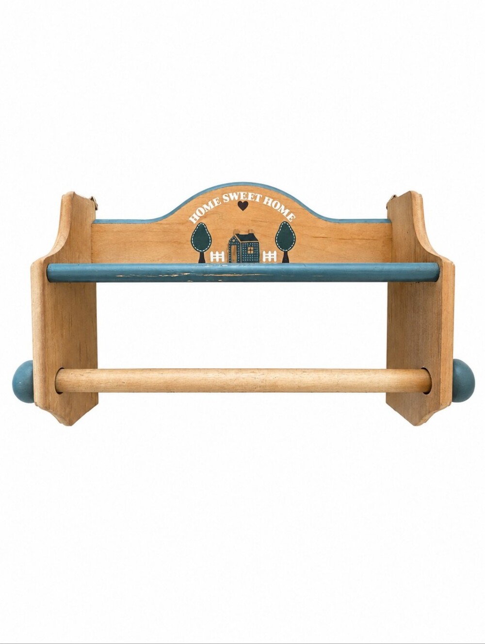 Home Sweet Home Blue and Natural Wooden Wall Shelf with Towel Rod